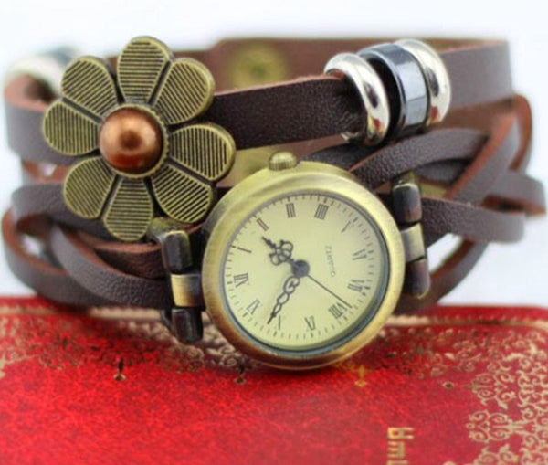 Vintage Leather Flower Strap Watch - 4 Colours