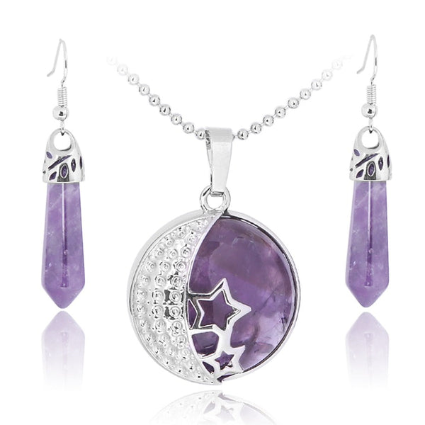 Moon & Stars Natural Stone Pendant & Earrings Set - 9 Colours