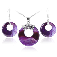 Natural Hollow Round Gem Stone Earrings & Necklace Set - 16 Colours