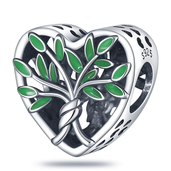 925 Sterling Silver Green Tree Heart Shaped Charm