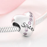 925 Sterling Silver Heart Pink CZ Sister bead Charm