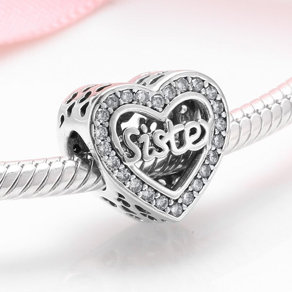 925 Sterling Silver Hollow Heart Sister bead Charm