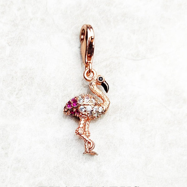 925 Sterling Silver CZ Pave Rose Gold Flamingo Dangle Charm