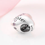 925 Sterling Silver Heart Pink CZ Sister bead Charm