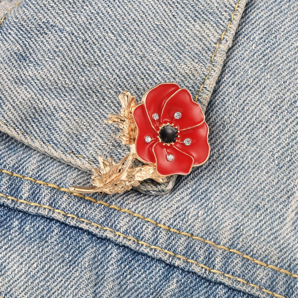 Red Poppy Enamel&Crystal Brooch