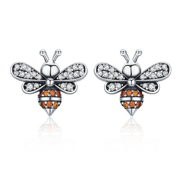 925 Sterling Silver Bee Clear and Orange CZ Stud Earrings