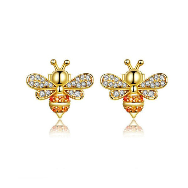 925 Sterling Silver Gold Plated Bee Clear and Orange CZ Stud Earrings