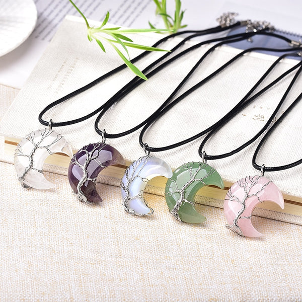 Tree Of Life Moon Shape Polished Stone Necklace - 6 Colours