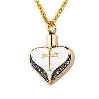 Gold Plated White Heart with Cross and Crystals Memorial Ashes Necklace