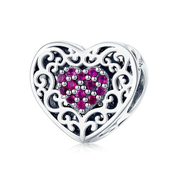 925 Sterling Silver Filigree Pink CZ Heart Bead Charm