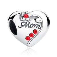 925 Sterling Silver Mom Red CZ Heart Bead Charm