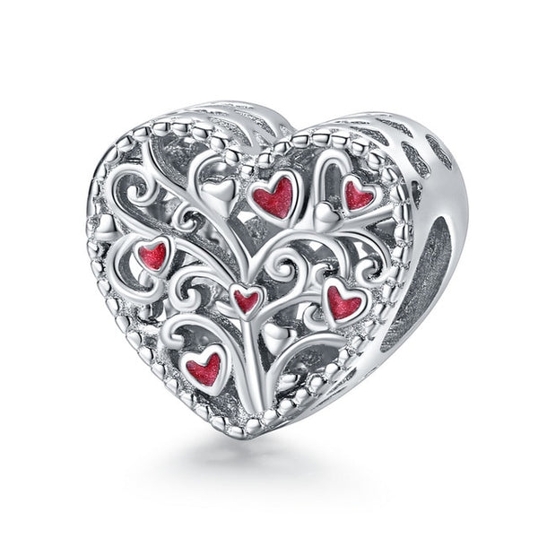 925 Sterling Silver Flourish Red Heart Bead Charm