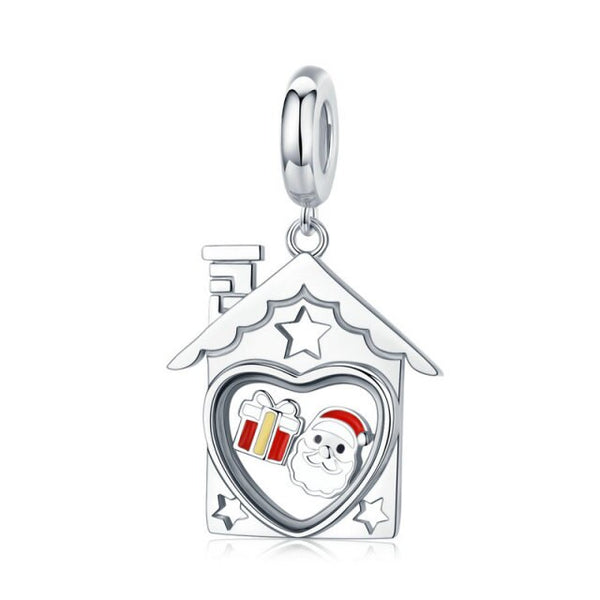 925 Sterling Silver Santa House Christmas Hanging Charm