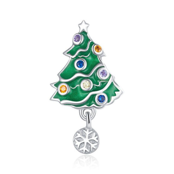 925 Sterling Silver Christmas Tree Bead Charm with Hanging Snowflake