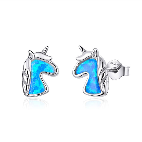 925 Sterling Silver Blue Opal Unicorn Stud Earrings