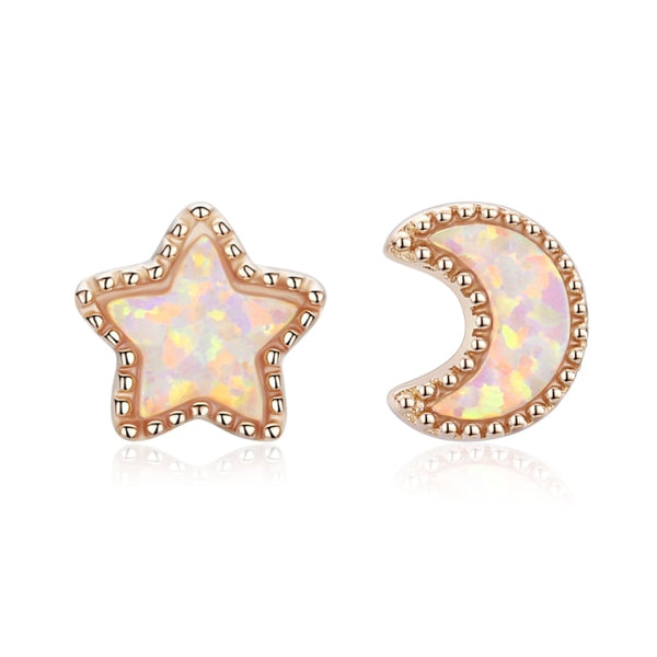 925 Sterling Silver Rose Gold Star & Moon Opal Stud Earrings