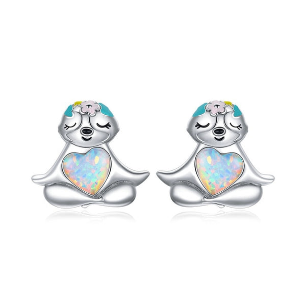 925 Sterling Silver Opal Sloth Stud Earrings