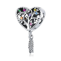 925 Sterling Silver Colourful CZ Heart with Hanging Feather Bead Charm