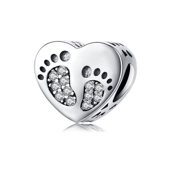 925 Sterling Silver CZ Footprints Heart Bead Charm