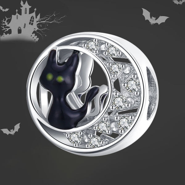 925 Sterling Silver Crystal Moon and Black Cat Charm