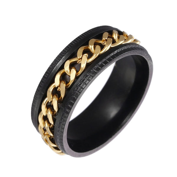 Stainless Steel Black and Gold Chain Spinner Ring Ridged Edge