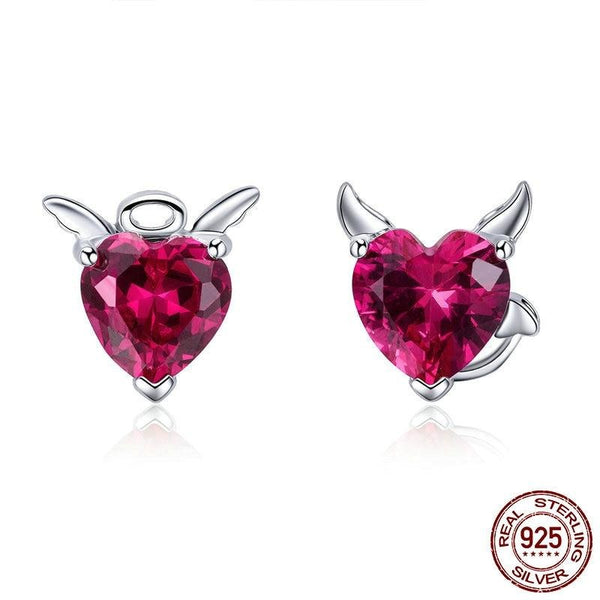 925 Sterling Silver Angel And Devil Pink CZ Heart Stud Earrings