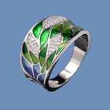 925 Silver Green Leaf Enamel Wide Ring