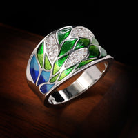 925 Silver Green Leaf Enamel Wide Ring