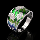 925 Silver Green Leaf Enamel Wide Ring