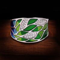 925 Silver Green Leaf Enamel Wide Ring