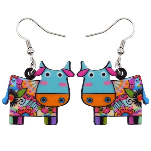 Acrylic Drop Colourful Cow Earrings